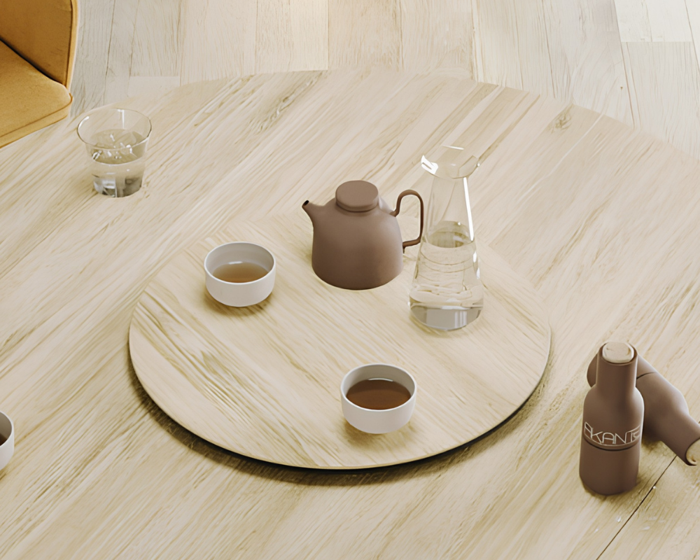 Plateau tournant céramique pour table Lazy – vue 3/4 – chêne clair – Ø55
