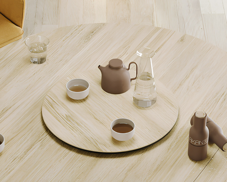 Plateau tournant céramique pour table Lazy – vue 3/4 – chêne clair – Ø55