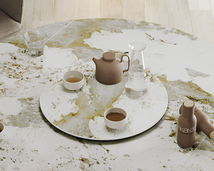 Plateau tournant céramique pour table Lazy – vue 3/4 – marbre calcatta – Ø55