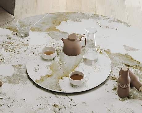 Plateau tournant céramique pour table Lazy – vue 3/4 – marbre calcatta – Ø55