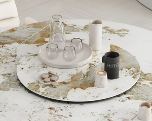 Plateau tournant céramique pour table Lazy – vue 3/4 – marbre calcatta – Ø75
