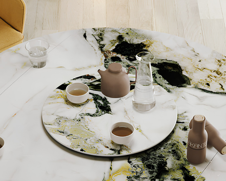Plateau tournant céramique pour table Lazy – vue 3/4 – marbre doro – Ø55