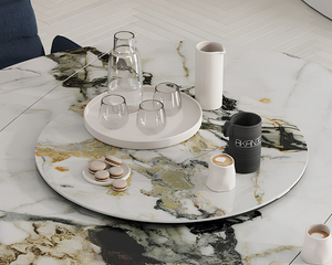Plateau tournant céramique pour table Lazy – vue 3/4 – marbre doro – Ø75