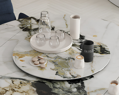 Plateau tournant céramique pour table Lazy – vue 3/4 – marbre doro – Ø75