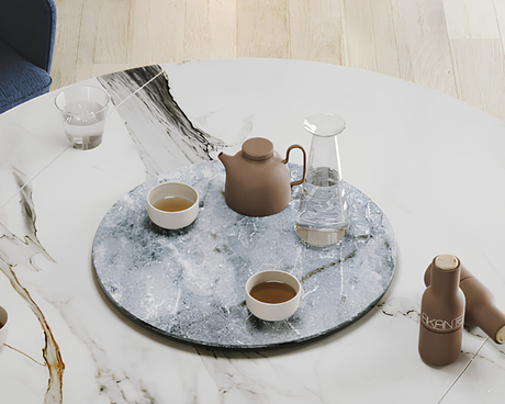 Plateau tournant céramique pour table Lazy – vue 3/4 – marbre onyx bleu – Ø55