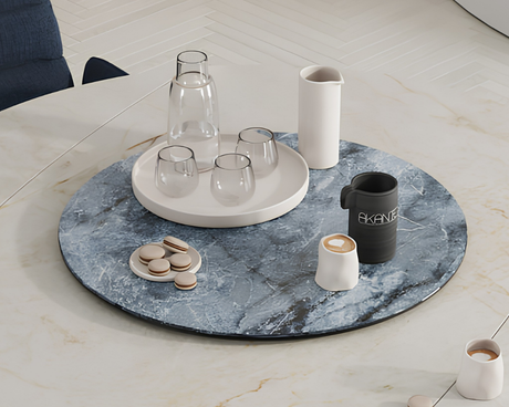 Plateau tournant céramique pour table Lazy – vue 3/4 – marbre onyx bleu – Ø75