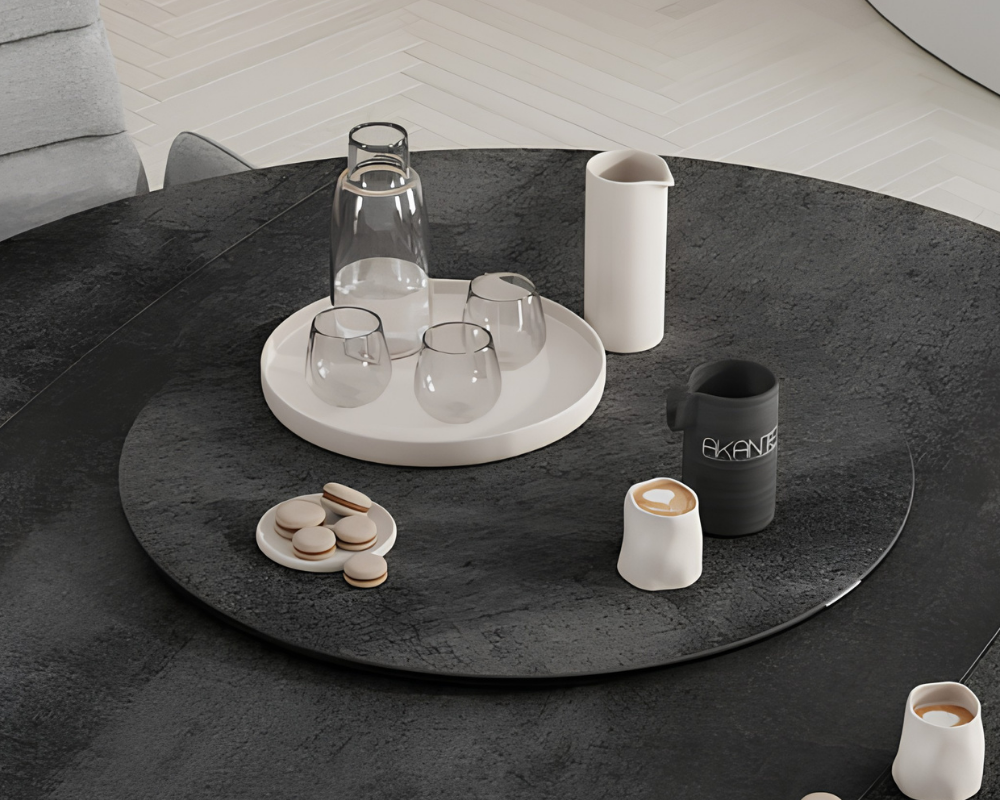 Plateau tournant céramique pour table Lazy – vue 3/4 – titane – Ø75