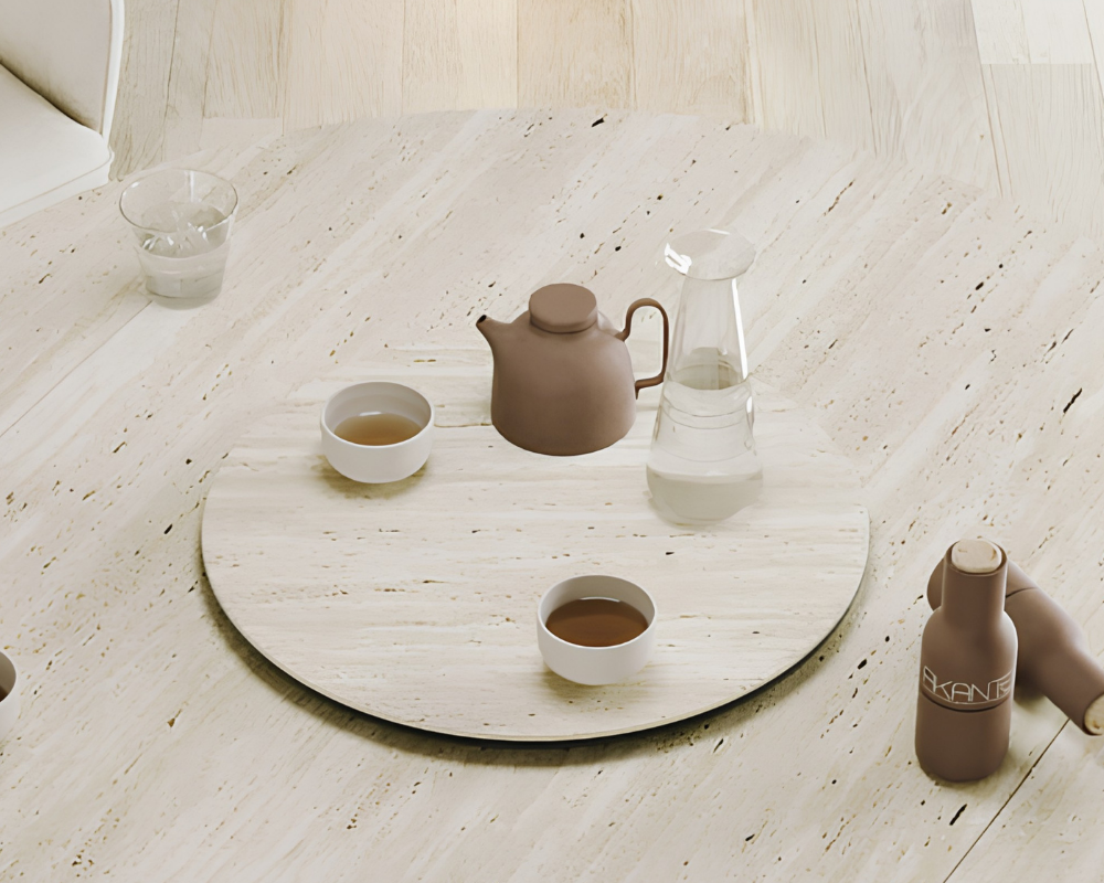 Plateau tournant céramique pour table Lazy – vue 3/4 – travertin – Ø55