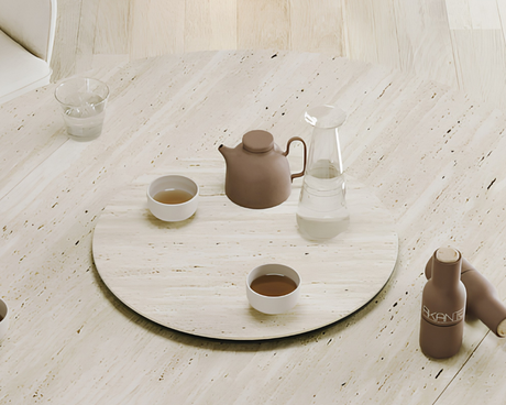Plateau tournant céramique pour table Lazy – vue 3/4 – travertin – Ø55