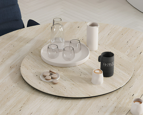 Plateau tournant céramique pour table Lazy – vue 3/4 – travertin – Ø75