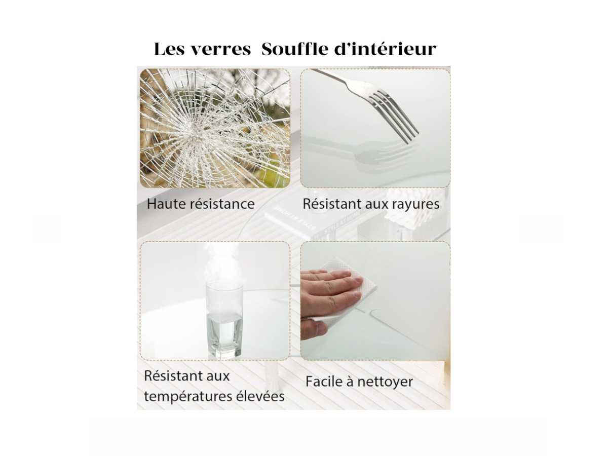 Avantages du verre trempé - résistance et entretien facile pour table Fely
