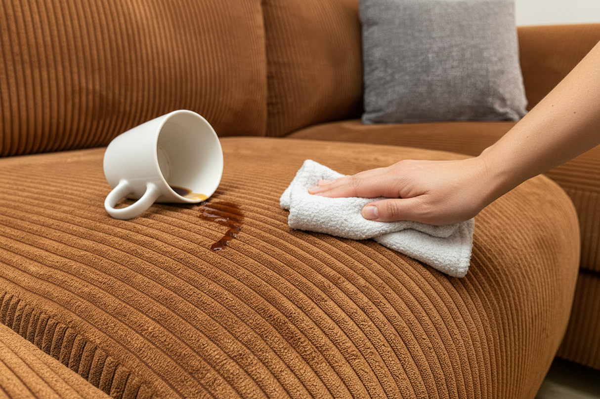 Scène de nettoyage de tache de café sur canapé