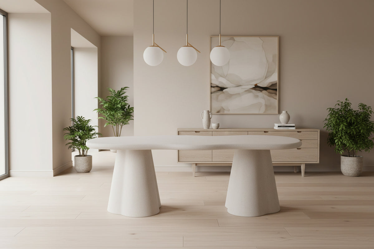 Table à manger Simo - vue 3/4 - forme organique effet béton ciré 