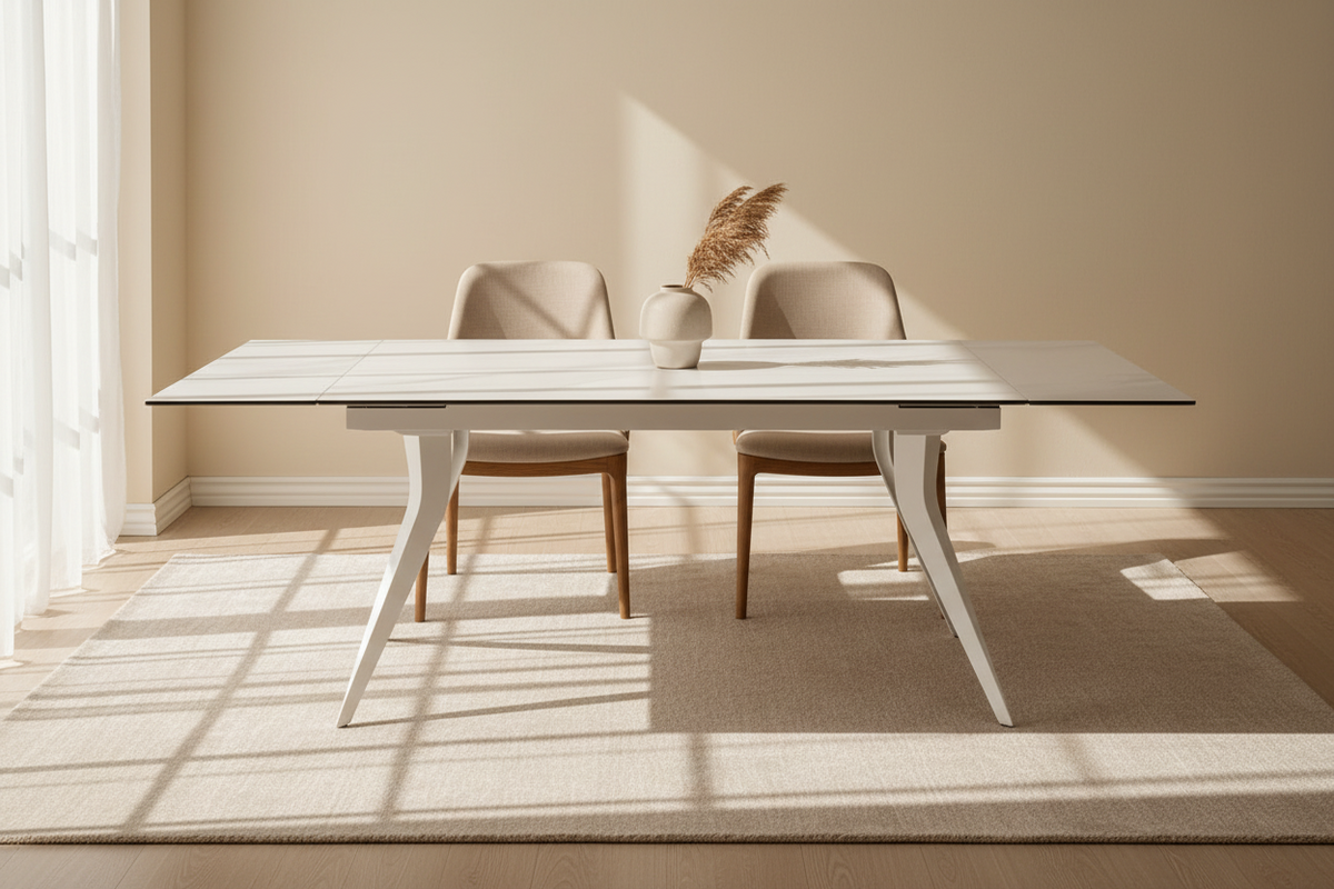 Table Thorus céramique extensible marbre blanc mat – vue de face, piétement acier blanc, salle à manger contemporaine