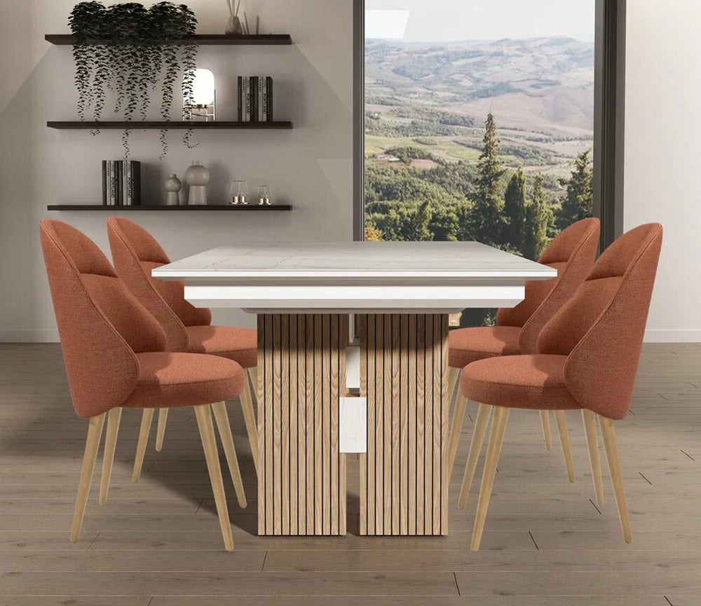 Table à manger extensible ceramique marbre blanc mat pieds bois naturel marquise - Animovel - Souffle d'intérieur 