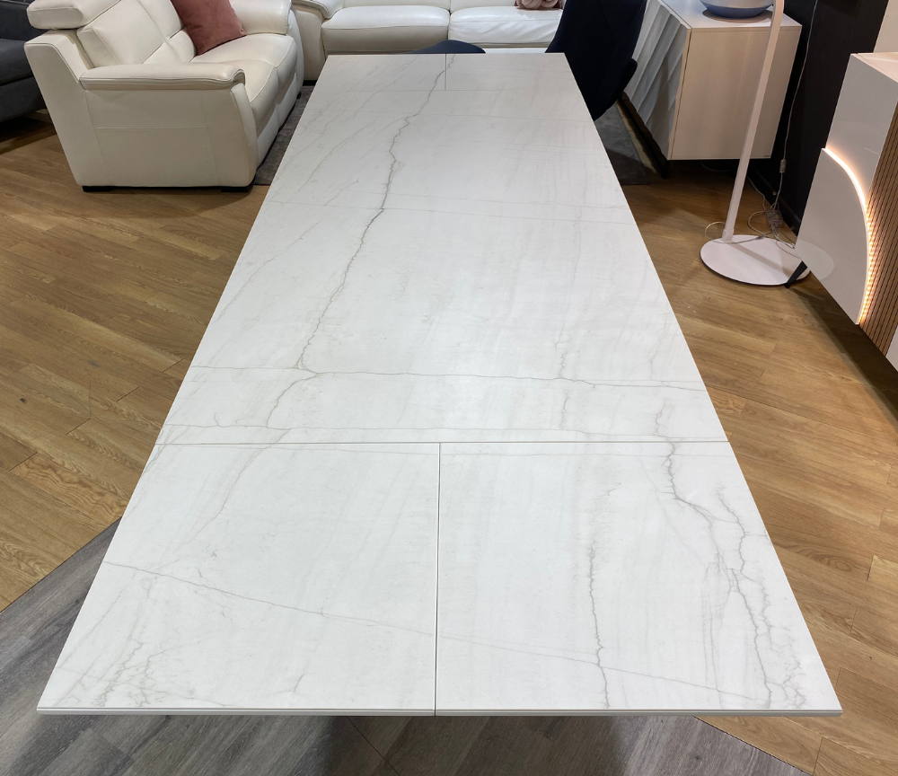 Table céramique extensible rectangulaire marbre blanc mat pieds bois - Marquis