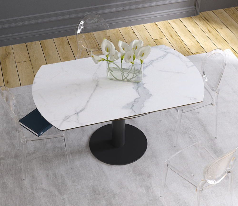 Table céramique extensible marbre blanc pieds central L 135cm - Luny