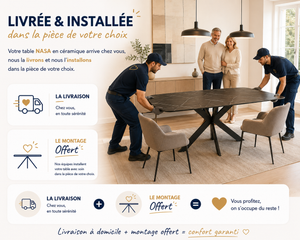 Nasa table céramique pleine masse – test résistance, vue pied croisé noir mat et chant plateau 11 mm