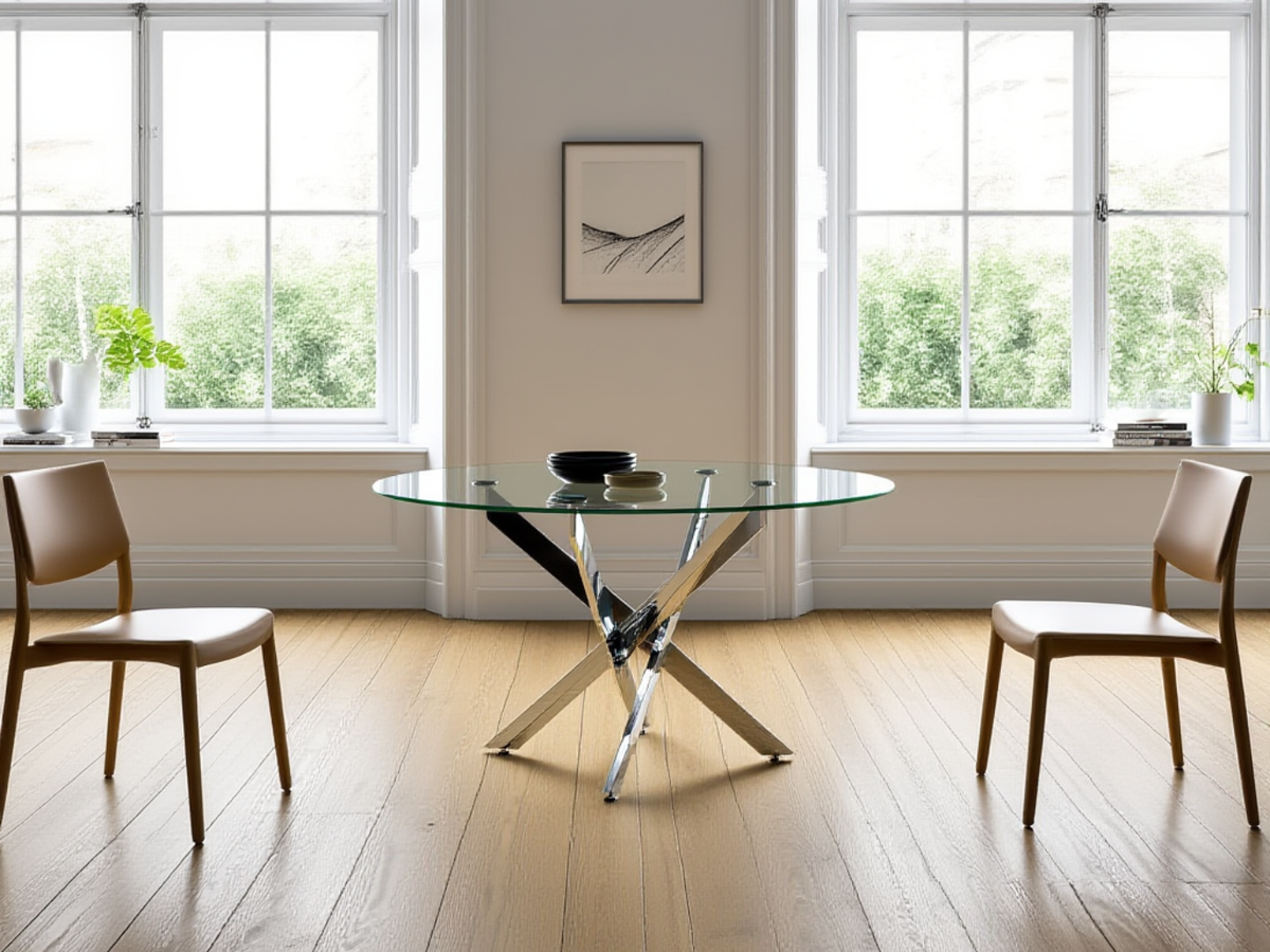 Table à manger ronde en verre Lassy – vue en situation salle à manger contemporaine