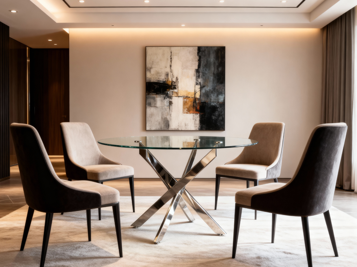 Table à manger ronde en verre Lassy pieds métal – vue en situation salle à manger