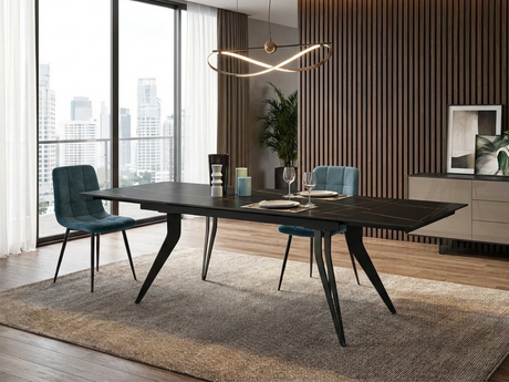 Table a manger ceramique marbre rectangulaire pieds métal noir avec rallonges - Souffle d'intérieur