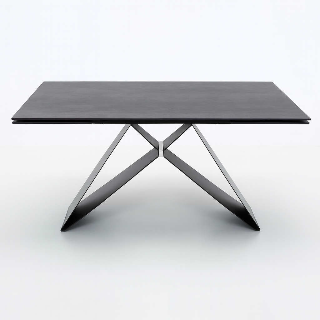 Table à manger extensible Eddy – vue de face – céramique grise effet ardoise – pieds métal noir mat