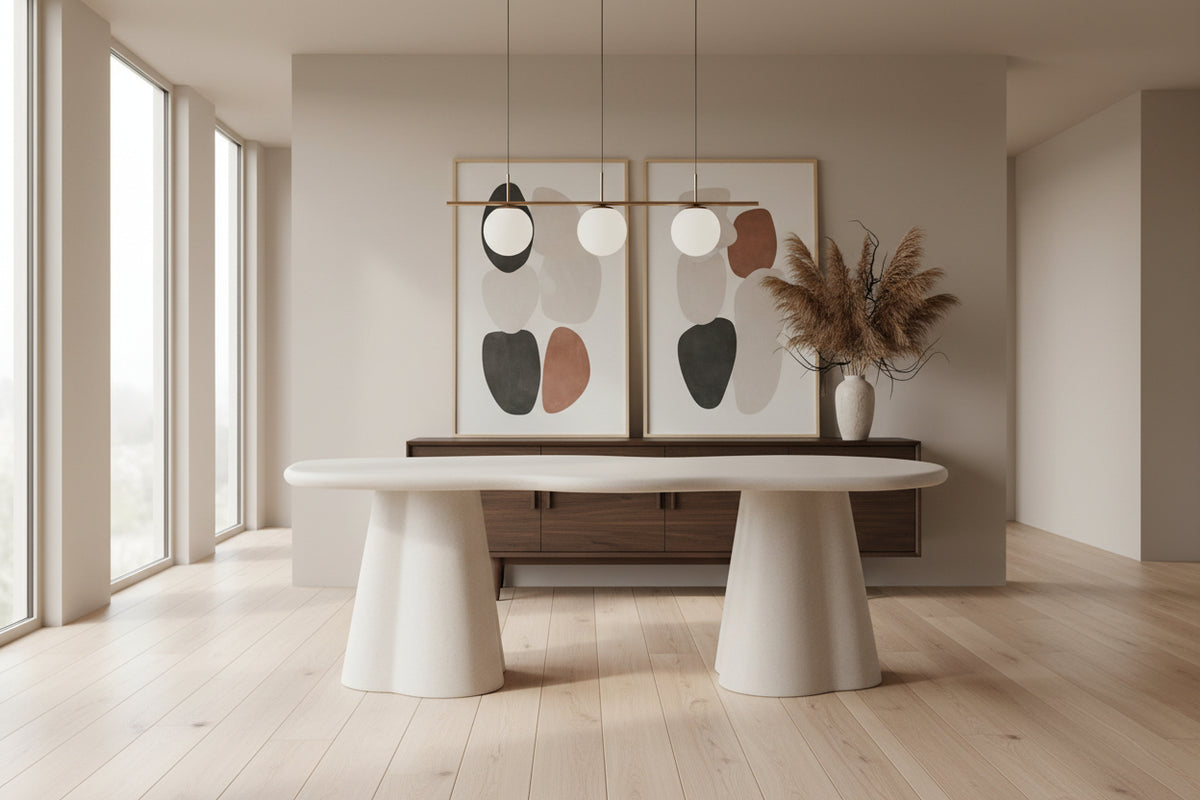 Table à manger Simo - vue de profil - forme organique effet béton ciré 