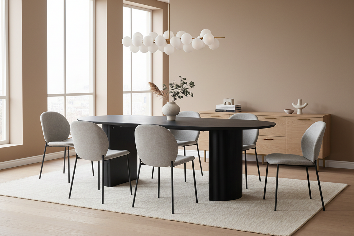 Table de salle à manger ovale noire Lagosy vue de biais - design moderne
