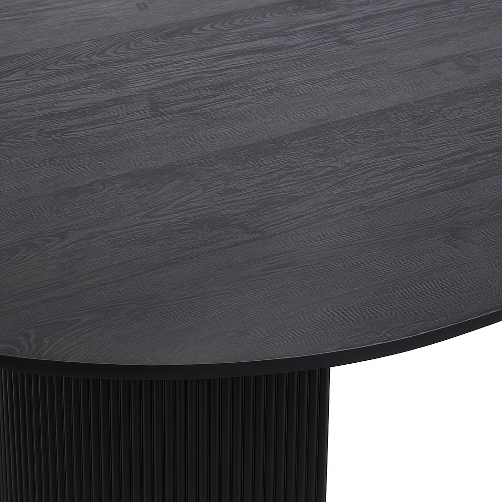 Zoom sur le détail du plateau noir ovale effet bois 3D - table Lagosy
