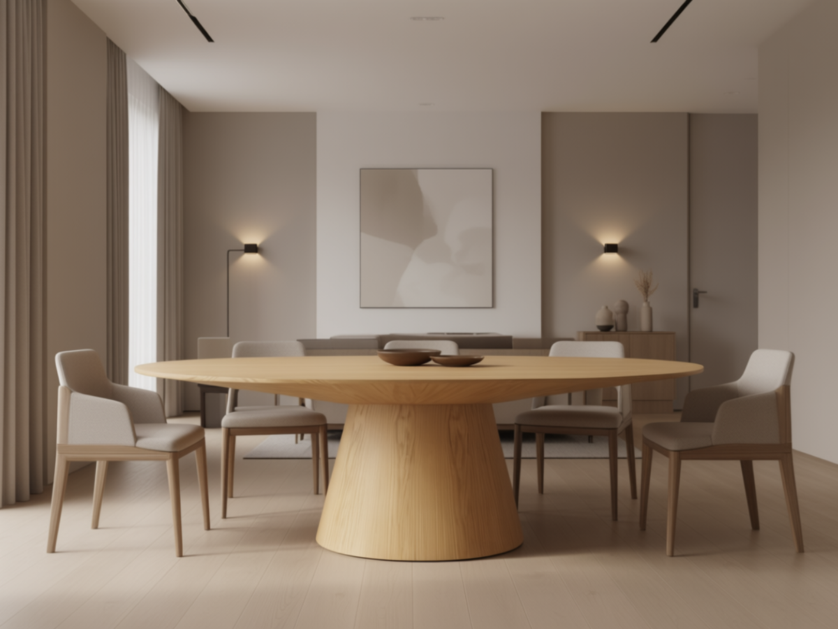 Table ovale en bois chêne clair avec pied central dans une salle à manger moderne
