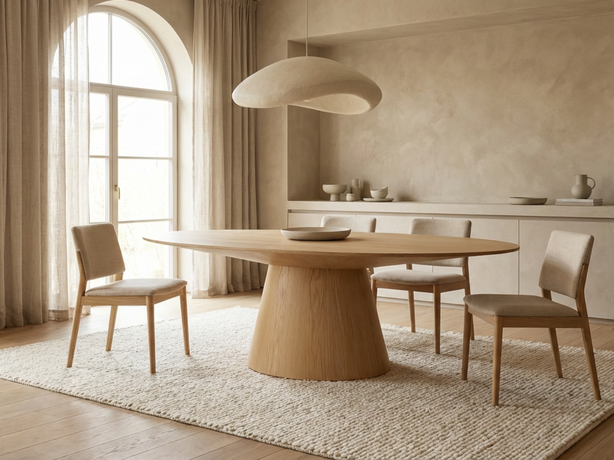 Table ovale en bois chêne clair avec pied central en ambiance salle a manger contemporaine
