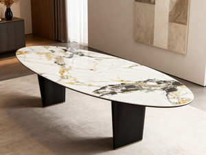 table ceramique ovale en marbre dans une salle a manger