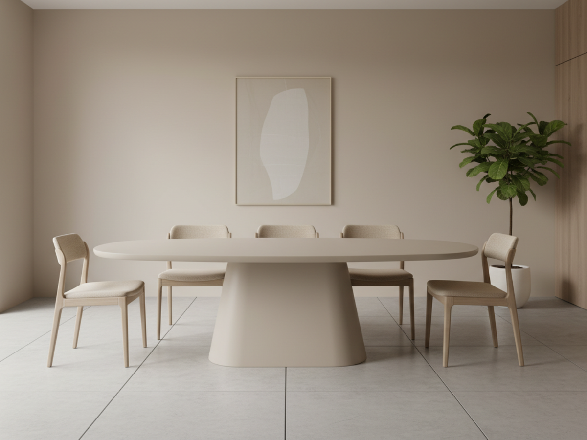 table ovale en beton cire beige AVEC UN PIED CENTRAL