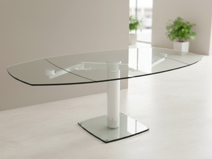 Table Gia extensible en verre trempé transparent avec pied central chrome - design moderne
