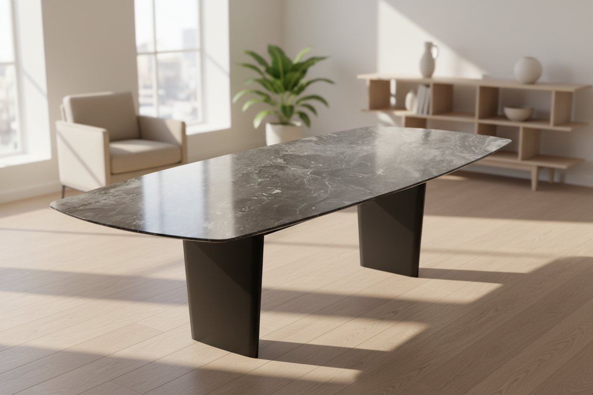 Auguste table céramique – finition Eramosa gris, vue de face format grand gabarit