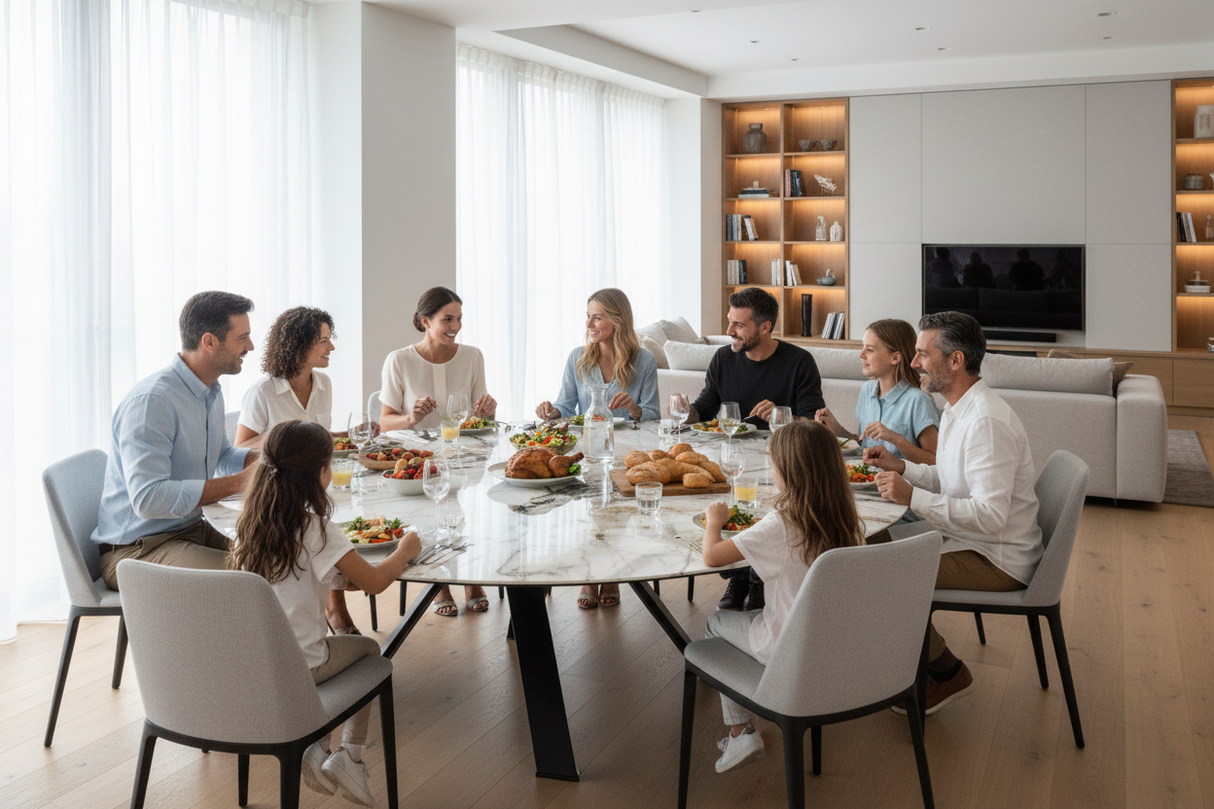 Table Austin Akante céramique rotative extensible – vue en situation salle à manger lumineuse