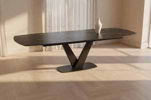Columbiana table ovale céramique extensible – zoom piètement métal noir mat et chant plateau marbre
