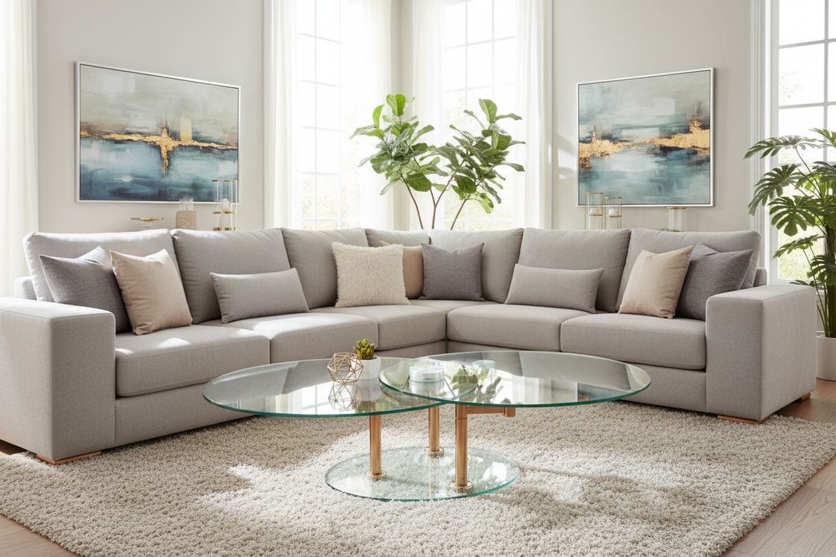 Table basse 2 plateaux ovales verre pivotants laiton en situation ouverte dans un salon contemporain