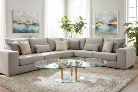 Table basse 2 plateaux ovales verre pivotants laiton en situation ouverte dans un salon contemporain