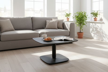 Table basse céramique noire vue complète café croissants