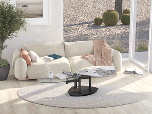 table basse céramique effet marbre pivotante et pieds métal noir en position ouverte dans un salon contemporain