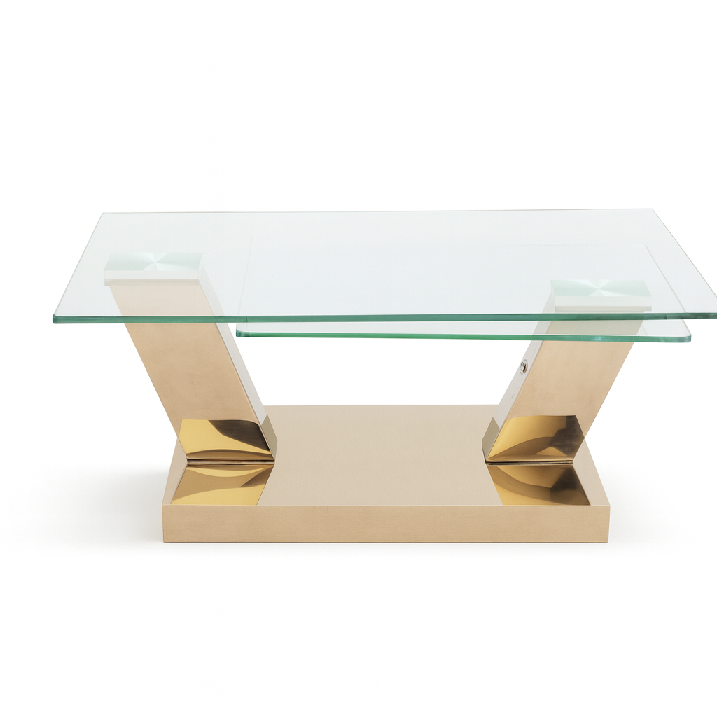 Table basse rectangulaire Clara – vue de face – verre trempé – pieds métal chromé doré