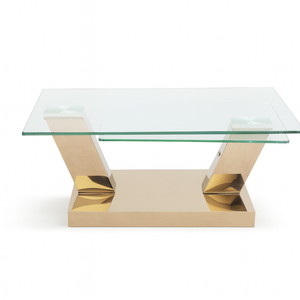 Table basse rectangulaire Clara – vue de face – verre trempé – pieds métal chromé doré