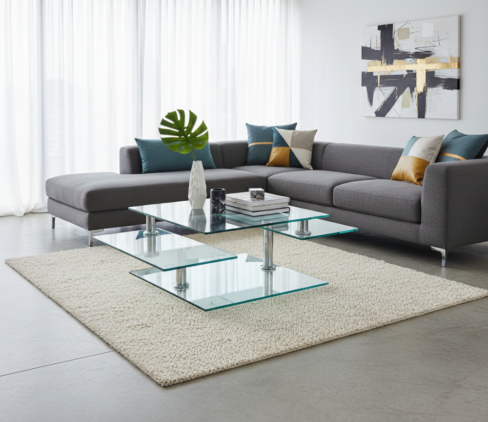 Table basse en verre pivotante intégrée dans un salon design contemporain