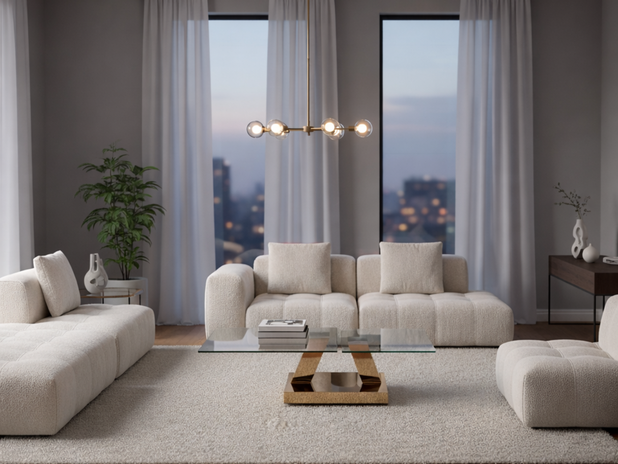 TABLE basse en verre pivotante pieds metal doré en ambiance salon