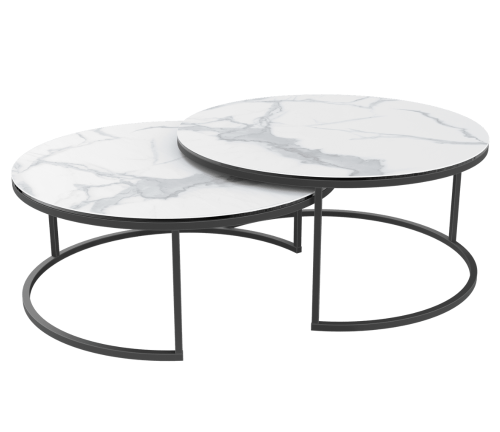 table basse gigogne ronde céramique effet marbre blanc pieds métal noir