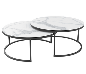 table basse gigogne ronde céramique effet marbre blanc pieds métal noir