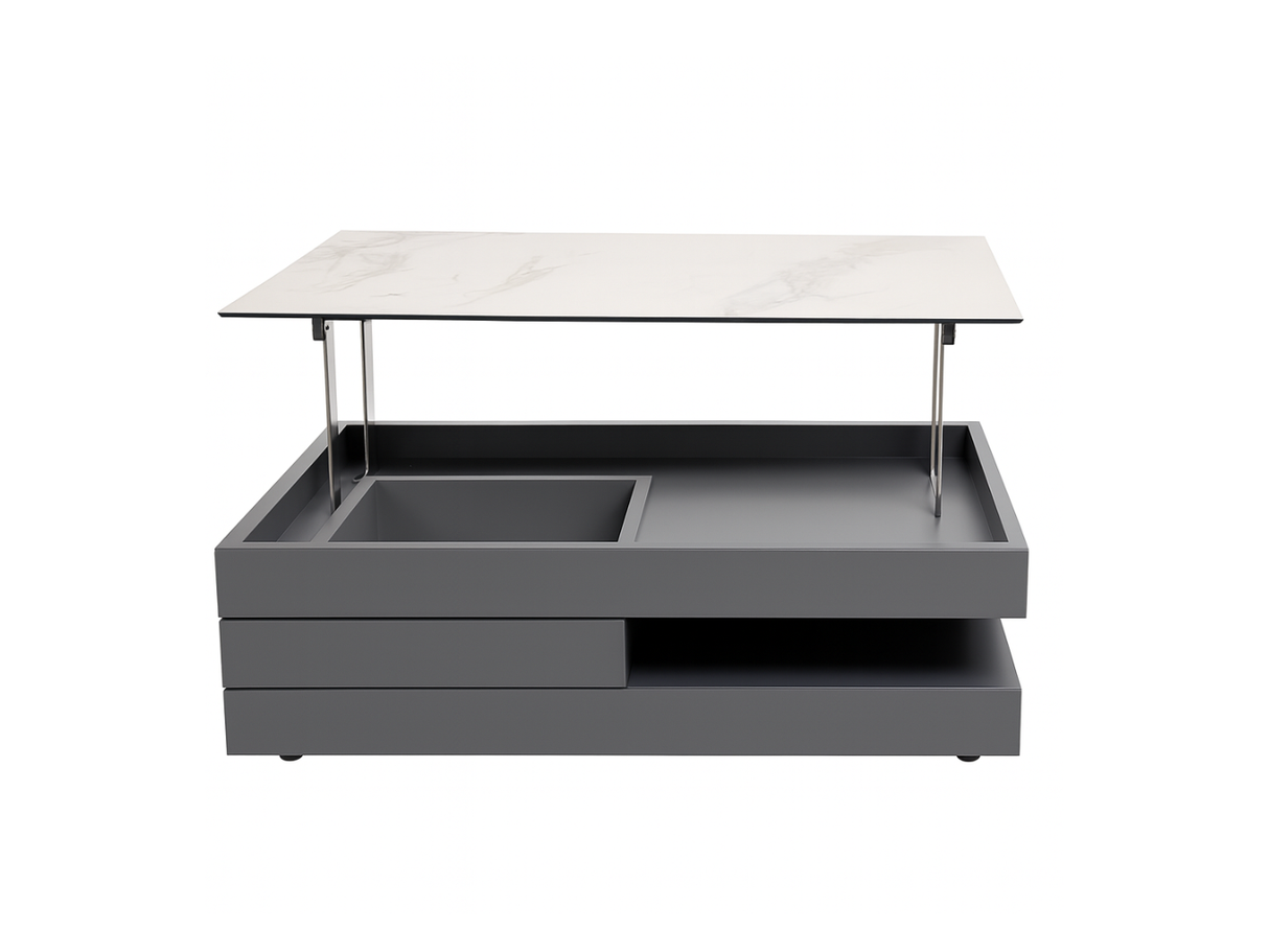 Table basse plateau relevable laquée en position haute avec plateau céramique déployé - Manuella - Souffle d'Intérieur