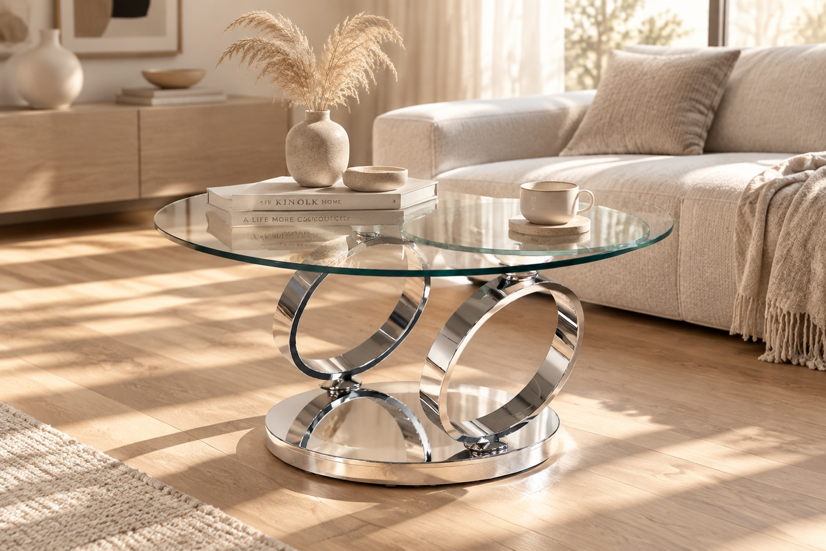 Table de salon en verre design Olivia fermée, avec plateau rond et finition chromée