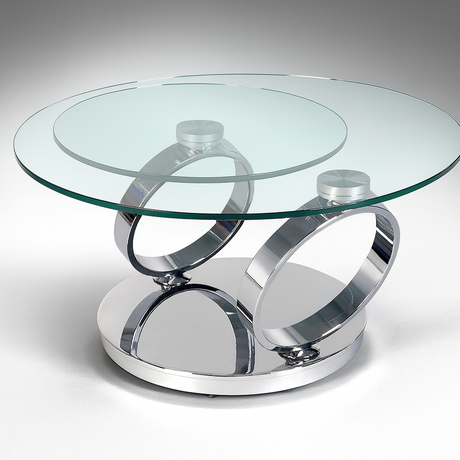 Table basse Olivia ouverte – double plateau pivotant en verre trempé et base chromée
